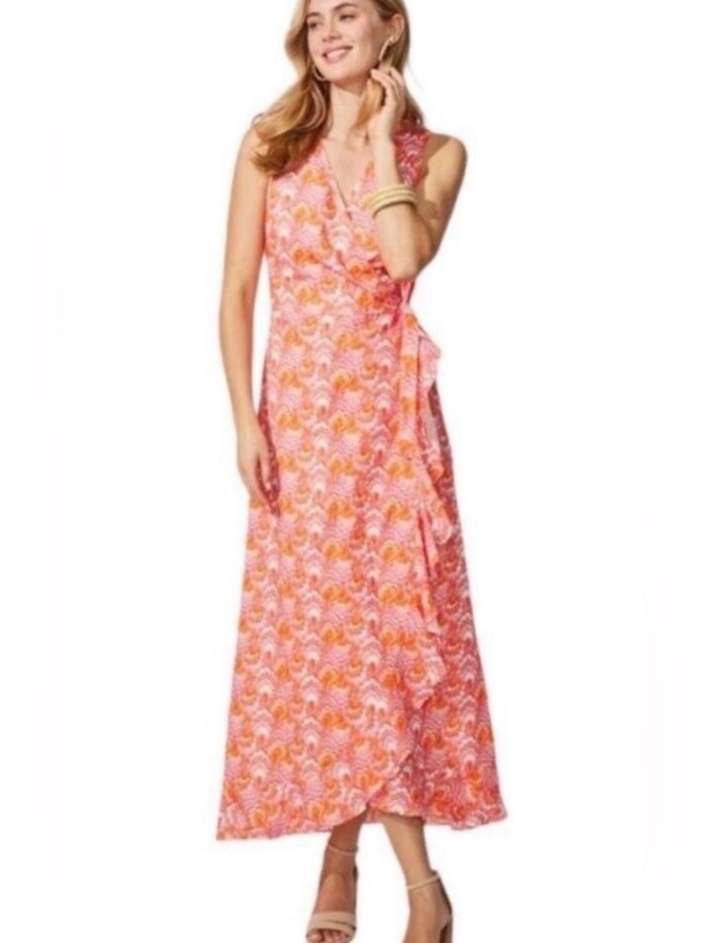Perfect like new J. McLaughlin pink orange Ruffle midi linen cotton wrap Dress S